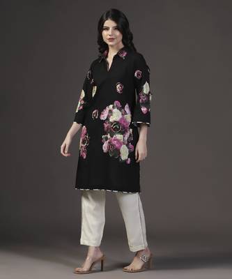 Black 3d floral printed applique cotton kurta set 1