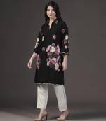 Black 3d floral printed applique cotton kurta set