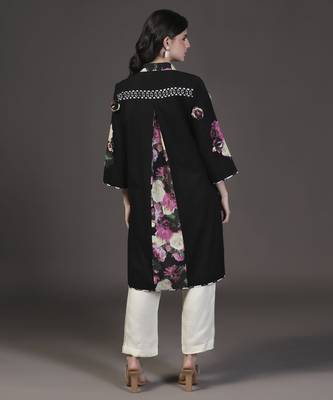Black 3d floral printed applique cotton kurta set 2