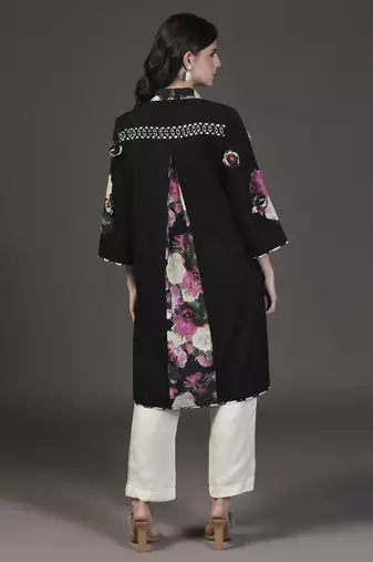 Black 3d floral printed applique cotton kurta set
