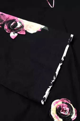 Black 3d floral printed applique cotton kurta set