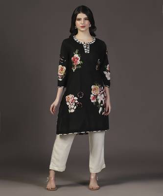 Black 3d shadow floral printed and applique work kurta set 1