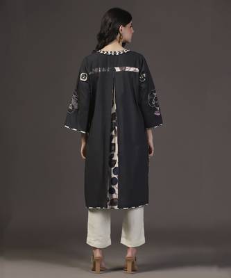 Black 3d shadow floral printed and applique work kurta set 2