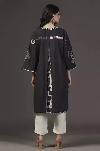 Black 3d shadow floral printed and applique work kurta set