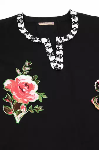 Black 3d shadow floral printed and applique work kurta set