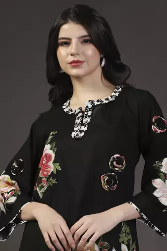 Black 3d shadow floral printed and applique work kurta set