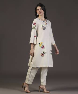 White whisper 3d cotton applique printed kurta set 1