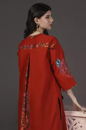 Ruby rhapsody red applique printed work kurta set