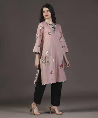 Rose whisper peach cotton applique printed work kurta set 1