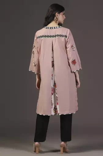 Rose whisper peach cotton applique printed work kurta set