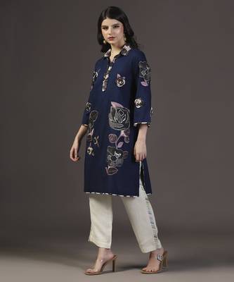 Ocean breeze navy blue printed and applique kurta set 1