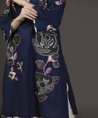 Ocean breeze navy blue printed and applique kurta set 2