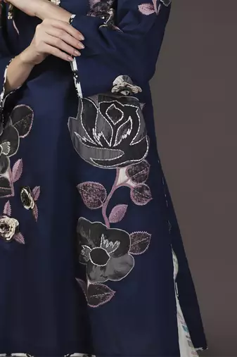 Ocean breeze navy blue printed and applique kurta set