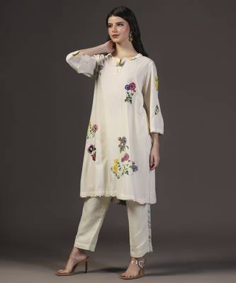 Blissful white cotton printed and applique kurta set 1