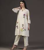 Blissful white cotton printed and applique kurta set
