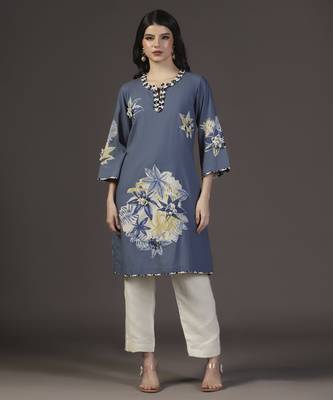 Peacefull blue cotton printed applique kurta set 1