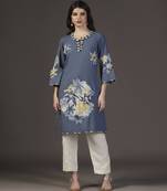 Peacefull blue cotton printed applique kurta set