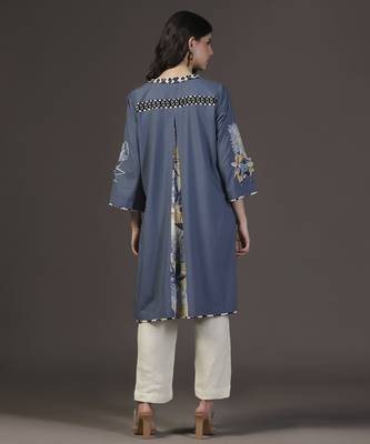 Peacefull blue cotton printed applique kurta set 5