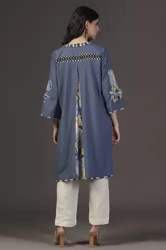Peacefull blue cotton printed applique kurta set