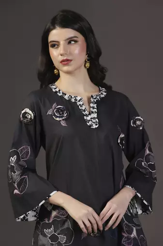Midnight mirage black printed applique kurta set