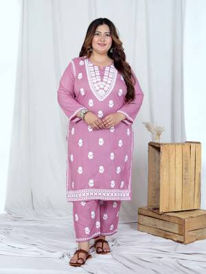 plus size chikankari embroidery pink straight kurta and palazzo set 1