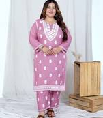 plus size chikankari embroidery pink straight kurta and palazzo set