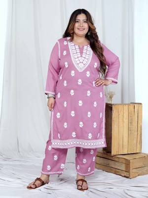 plus size chikankari embroidery pink straight kurta and palazzo set 2