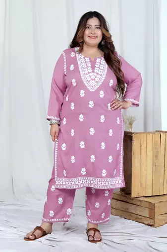 plus size chikankari embroidery pink straight kurta and palazzo set
