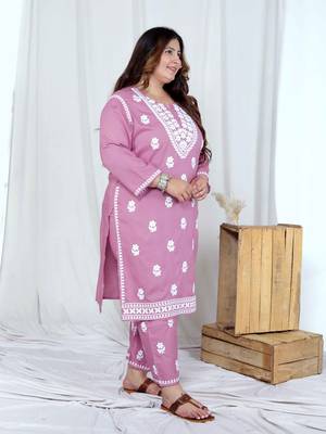 plus size chikankari embroidery pink straight kurta and palazzo set 3