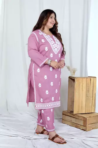 plus size chikankari embroidery pink straight kurta and palazzo set