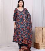 Doriyaan womens pure cotton animal printed zari lace work blue jaipuriya anarakali suit set