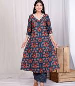 Doriyaan womens blue pure cotton animal printed zari lace work anarakali kurta and palazzo set