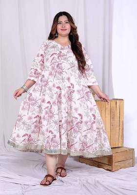  women's plus size pink cotton gota and lace border birds and leaf floral printed anarkali kurta 1