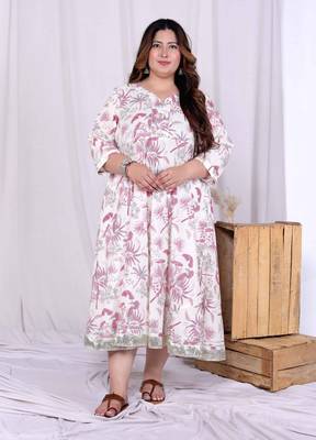  women's plus size pink cotton gota and lace border birds and leaf floral printed anarkali kurta 2