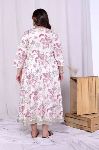  women's plus size pink cotton gota and lace border birds and leaf floral printed anarkali kurta