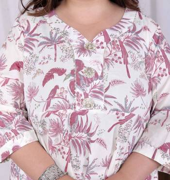  women's plus size pink cotton gota and lace border birds and leaf floral printed anarkali kurta 4