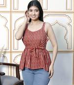 peplum fit printed pure cotton red color noodle straps top