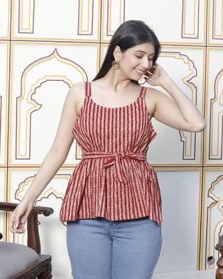 peplum fit printed pure cotton red color noodle straps top 2
