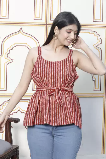 peplum fit printed pure cotton red color noodle straps top