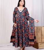 Doriyaan womens pure cotton blue zari lace anarkali kurta with printed dupatta set