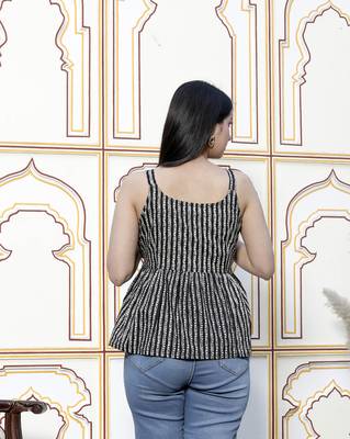 pure cotton casual sleeveless printed black color peplum top 4