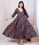 Doriyaan womens pure cotton blue animal printed zari lace work yoke anarakali kurta