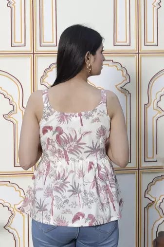 pure cotton light pink bird and printed sleeveless casual top
