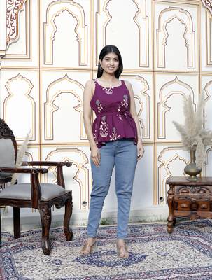 pure cotton purple floral printed noodle straps flared cotton top 5