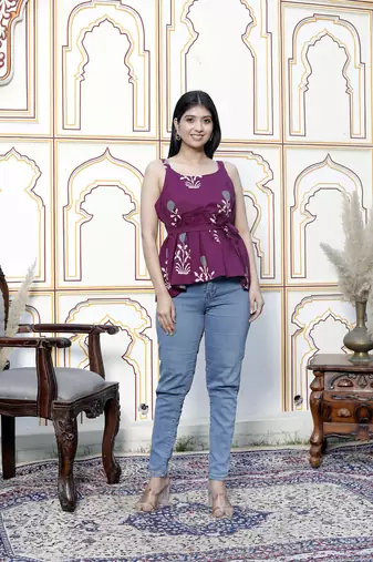 pure cotton purple floral printed noodle straps flared cotton top