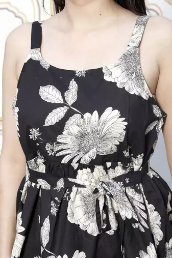 pure cotton black floral print flared strappy noodle peplumtop