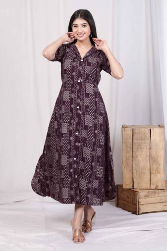 Doriyaan womens wine collar neck floral printed a-line party wear maxi dress