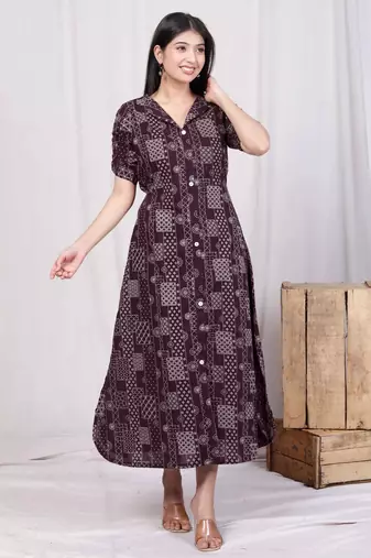wine collar neck floral printed a-line party wear maxi dress