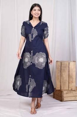 blue floral printed front buttoned a-line maxi dress 1