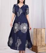 blue floral printed front buttoned a-line maxi dress